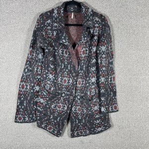 Free People Cardigan Jacket Womens Medium Gray Red Geometric Wool Blend Collared